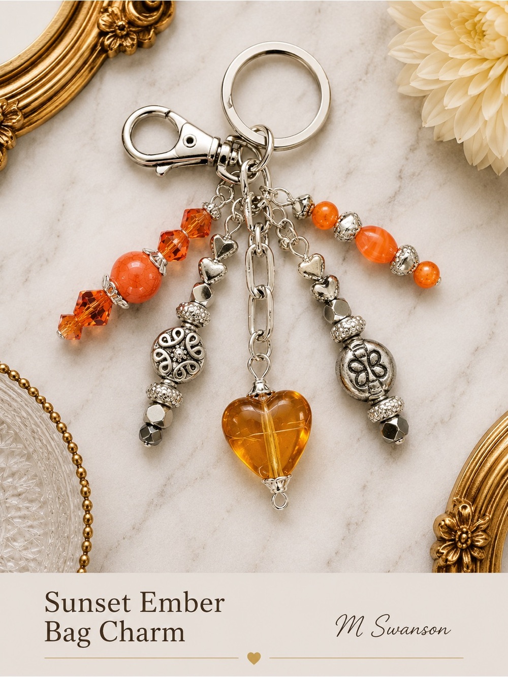 Sunset Ember Handmade Beaded Bag Charm Keychain | Orange Heart & Silver Accents